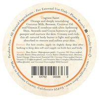 Round label for Three Sisters Apothecary Sweet Orange & Coconut Body Butter, highlighting coconut oil, shea butter, cocoa butter & avocado oil. Orange accents mark the name; instructions and company details wrap the edge.