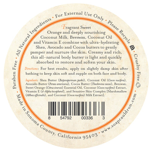 Round label for Three Sisters Apothecary Sweet Orange & Coconut Body Butter, highlighting coconut oil, shea butter, cocoa butter & avocado oil. Orange accents mark the name; instructions and company details wrap the edge.