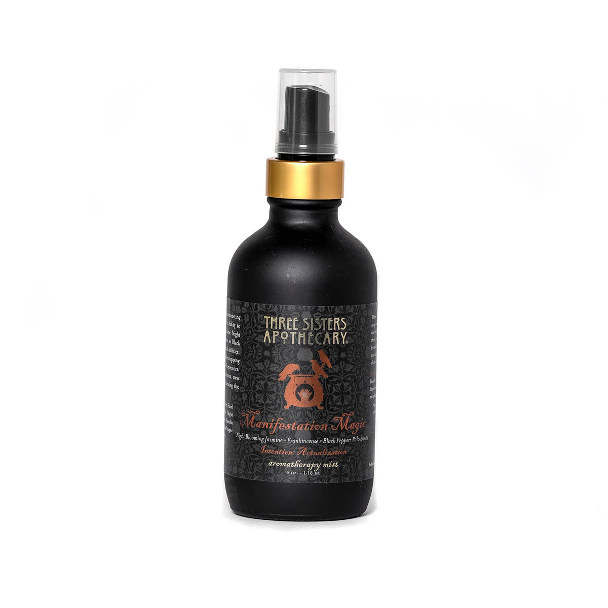 A black spray bottle adorned with a gold collar and a pump top. The label reads "Three Sisters Apothecary - Intentions Aromatherapy Mist - Manifestation Magic." Infused with essential oils, the design showcases a mystical theme with intricate patterns and a central emblem resembling an alchemical symbol.