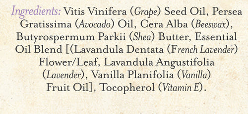 Three Sisters Apothecary Lavender & Mexican Vanilla Lip Soother features ingredients in stylized text, listing both common and scientific names—hydrating essentials like grape seed oil, shea butter, French lavender, vanilla fruit oil, and vitamin E.