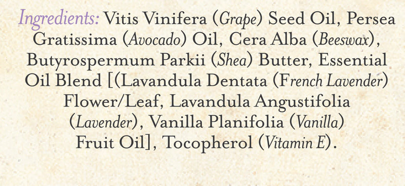 Three Sisters Apothecary Lavender & Mexican Vanilla Lip Soother features ingredients in stylized text, listing both common and scientific names—hydrating essentials like grape seed oil, shea butter, French lavender, vanilla fruit oil, and vitamin E.