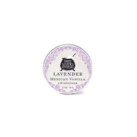 A round tin of Three Sisters Apothecary Lavender & Mexican Vanilla Lip Soother, a natural beeswax lip balm (0.5 oz/15g), features a decorative purple border and text on a white background.