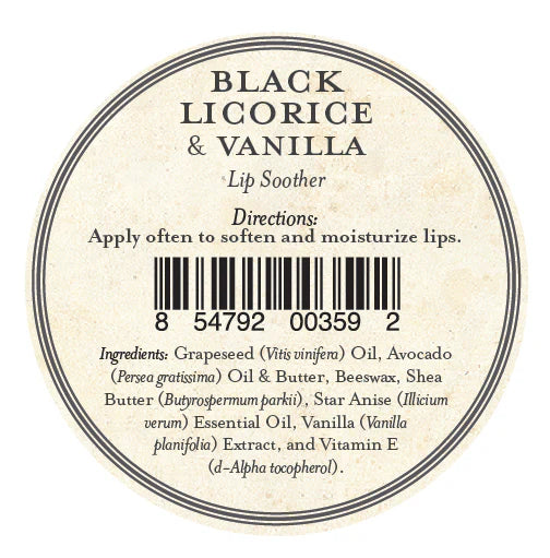 Round label for Three Sisters Apothecary Black Licorice & Vanilla Lip Soother. Text: "Black Licorice & Vanilla." Directions: "Apply often to soften and moisturize lips." Includes hydrating balm, natural beeswax, and a barcode.