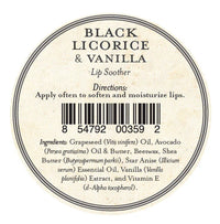 Round label for Three Sisters Apothecary Black Licorice & Vanilla Lip Soother. Text: "Black Licorice & Vanilla." Directions: "Apply often to soften and moisturize lips." Includes hydrating balm, natural beeswax, and a barcode.