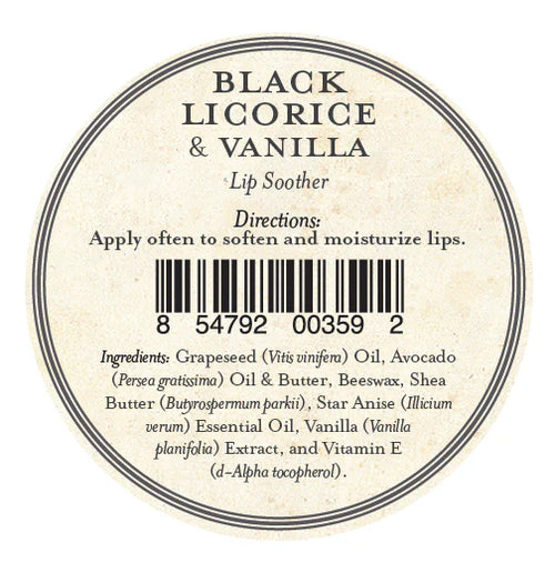 Round label for Three Sisters Apothecary Black Licorice & Vanilla Lip Soother. Text: "Black Licorice & Vanilla." Directions: "Apply often to soften and moisturize lips." Includes hydrating balm, natural beeswax, and a barcode.