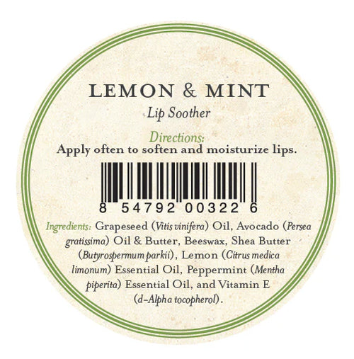 A round label for Three Sisters Apothecary Lemon & Peppermint Lip Soother. Apply often for soft, moisturized lips. Ingredients: oils, beeswax, shea butter, lemon & peppermint oils, vitamin E. Centered barcode.