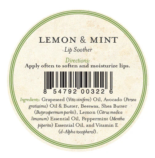 A round label for Three Sisters Apothecary Lemon & Peppermint Lip Soother. Apply often for soft, moisturized lips. Ingredients: oils, beeswax, shea butter, lemon & peppermint oils, vitamin E. Centered barcode.