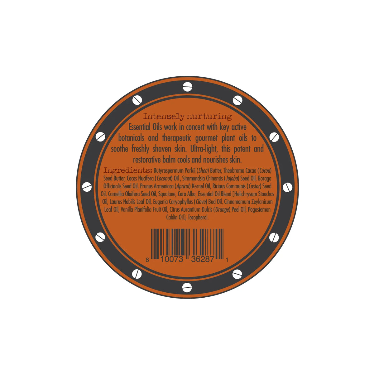 A circular product label with an orange and black design features the text “Intensely nurturing” at the top. The label for Three Sisters Apothecary Shave Balm - Bay Rum lists essential oils and botanical ingredients like therapeutic plant oils, shea butter, tamanu oil, and coconut oil. A barcode is present at the bottom.