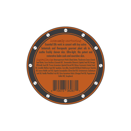 A circular product label with an orange and black design features the text “Intensely nurturing” at the top. The label for Three Sisters Apothecary Shave Balm - Bay Rum lists essential oils and botanical ingredients like therapeutic plant oils, shea butter, tamanu oil, and coconut oil. A barcode is present at the bottom.