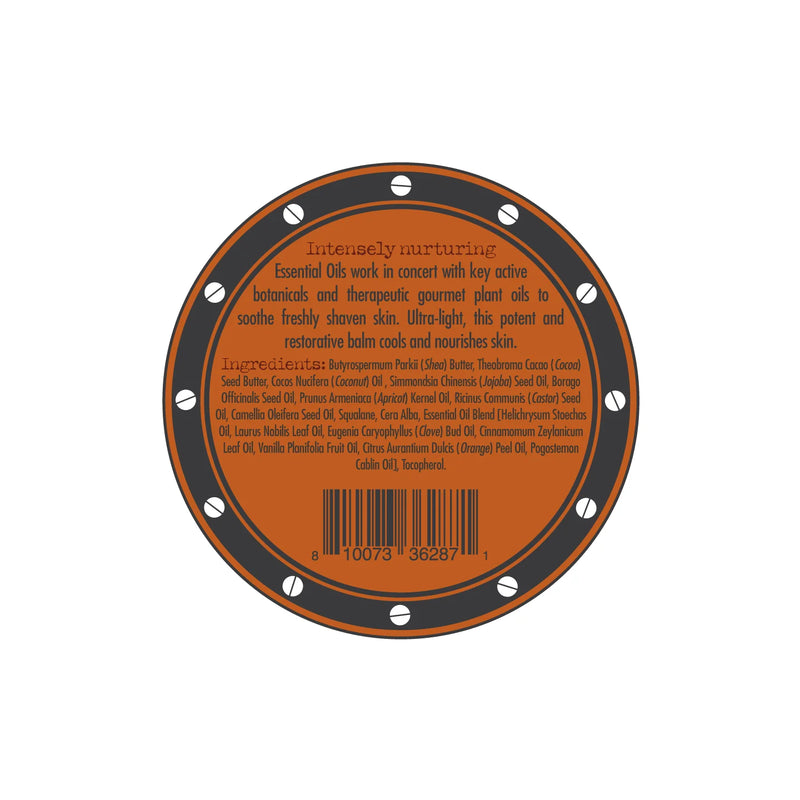 A circular product label with an orange and black design features the text “Intensely nurturing” at the top. The label for Three Sisters Apothecary Shave Balm - Bay Rum lists essential oils and botanical ingredients like therapeutic plant oils, shea butter, tamanu oil, and coconut oil. A barcode is present at the bottom.