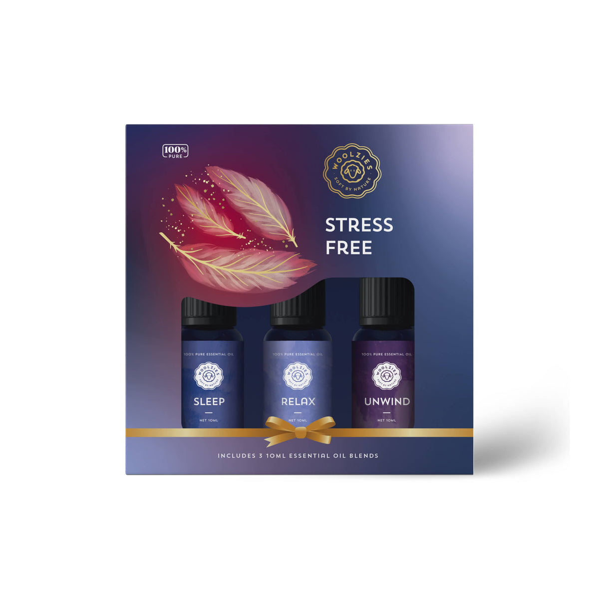 The Woolzies Stress Free Holiday Collection by Woolzies is a boxed set of three essential oil blends—Sleep, Relax, and Unwind—featuring lavender to promote calm, in a blue and purple “Stress Free” package with pink feathers.