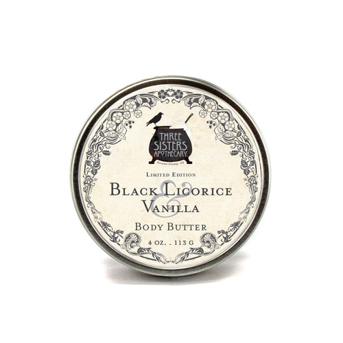 Three Sisters Aphothecary Black Licorice & Vanilla Body Butter: a 4 oz tin of rich, natural moisturizer featuring ornate floral lid designs.