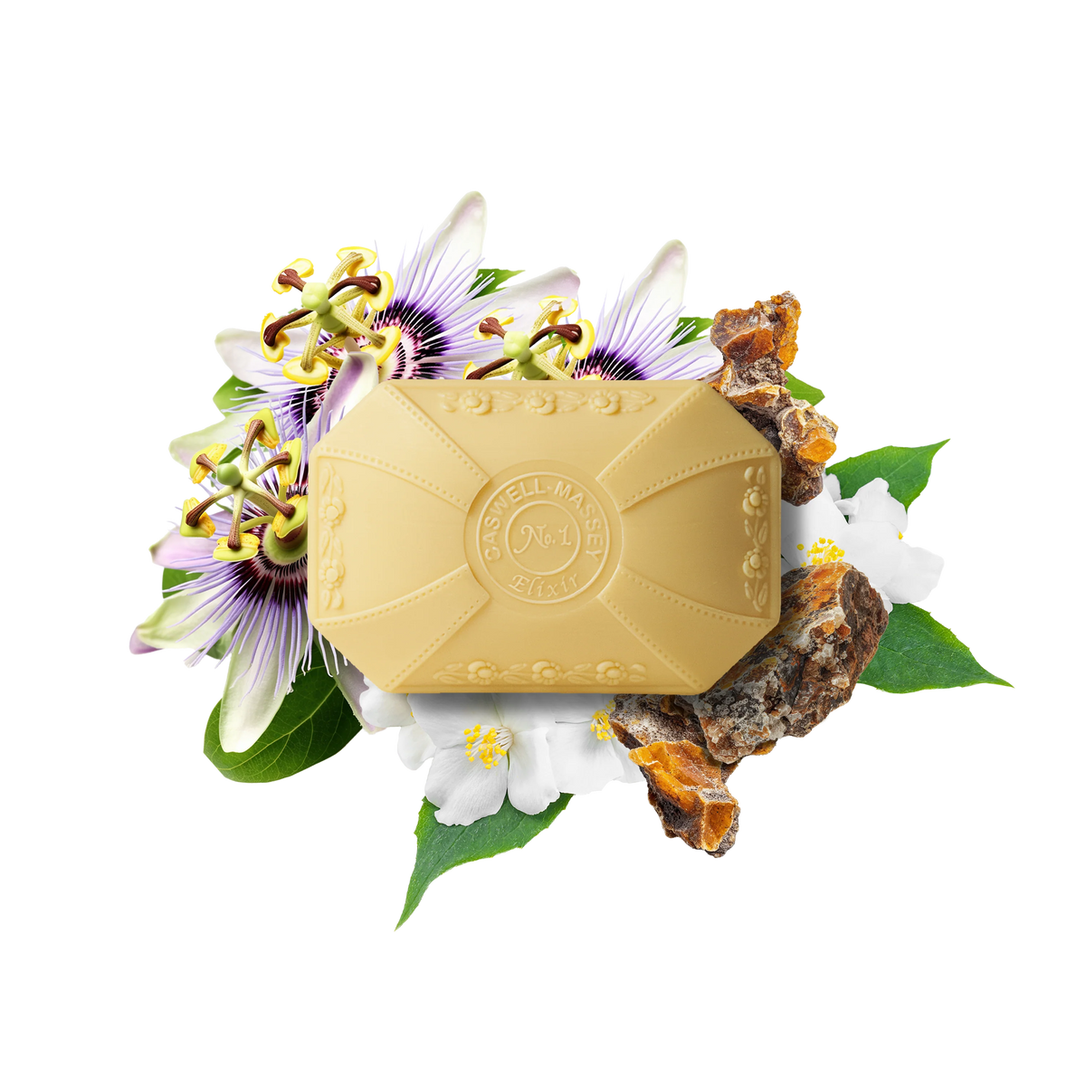 A Caswell-Massey Elixir of Love Three-Soap Set by Caswell Massey is surrounded by white and purple passionflowers, amber resin pieces, and green leaves on a white background.