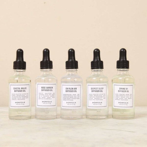 Five Norfolk Natural Living Coastal Walks Gemstone Diffuser Oil 50ml bottles are arranged in a row on a light surface. Each clear glass bottle features a unique label and black dropper cap.