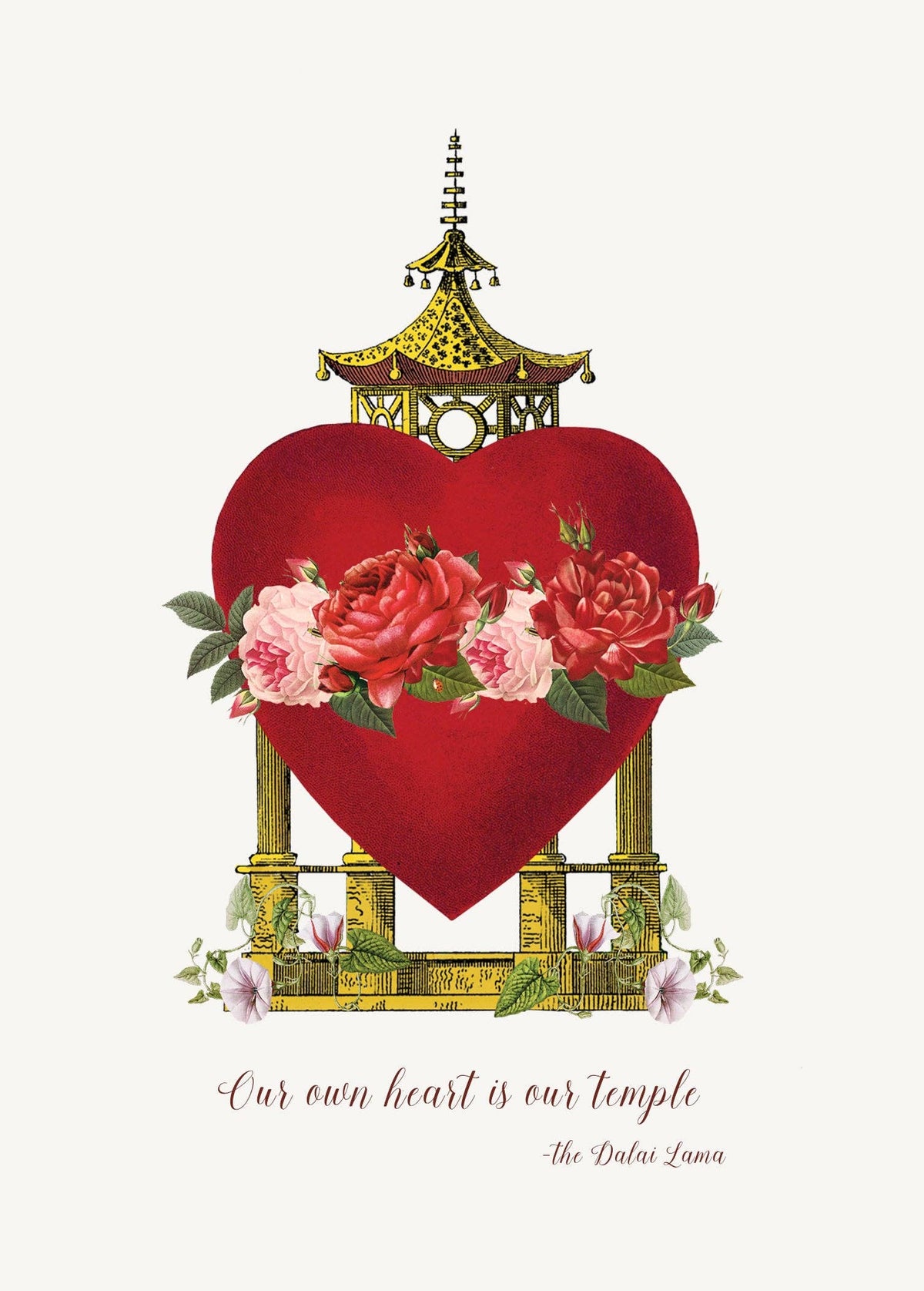 The P. Flynn Design / Phun House "Our own hearts are our temple" 5x7 card features a red heart with roses, greenery, and golden temple frame. Cursive text below reads: "Our own heart is our temple – the Dalai Lama." Cream envelope included.