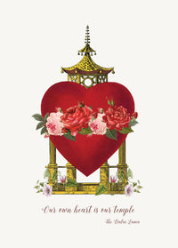 The P. Flynn Design / Phun House "Our own hearts are our temple" 5x7 card features a red heart with roses, greenery, and golden temple frame. Cursive text below reads: "Our own heart is our temple – the Dalai Lama." Cream envelope included.