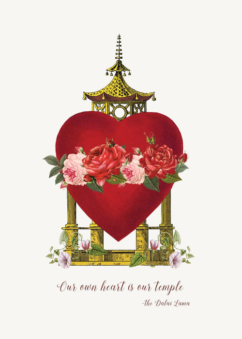 The P. Flynn Design / Phun House "Our own hearts are our temple" 5x7 card features a red heart with roses, greenery, and golden temple frame. Cursive text below reads: "Our own heart is our temple – the Dalai Lama." Cream envelope included.