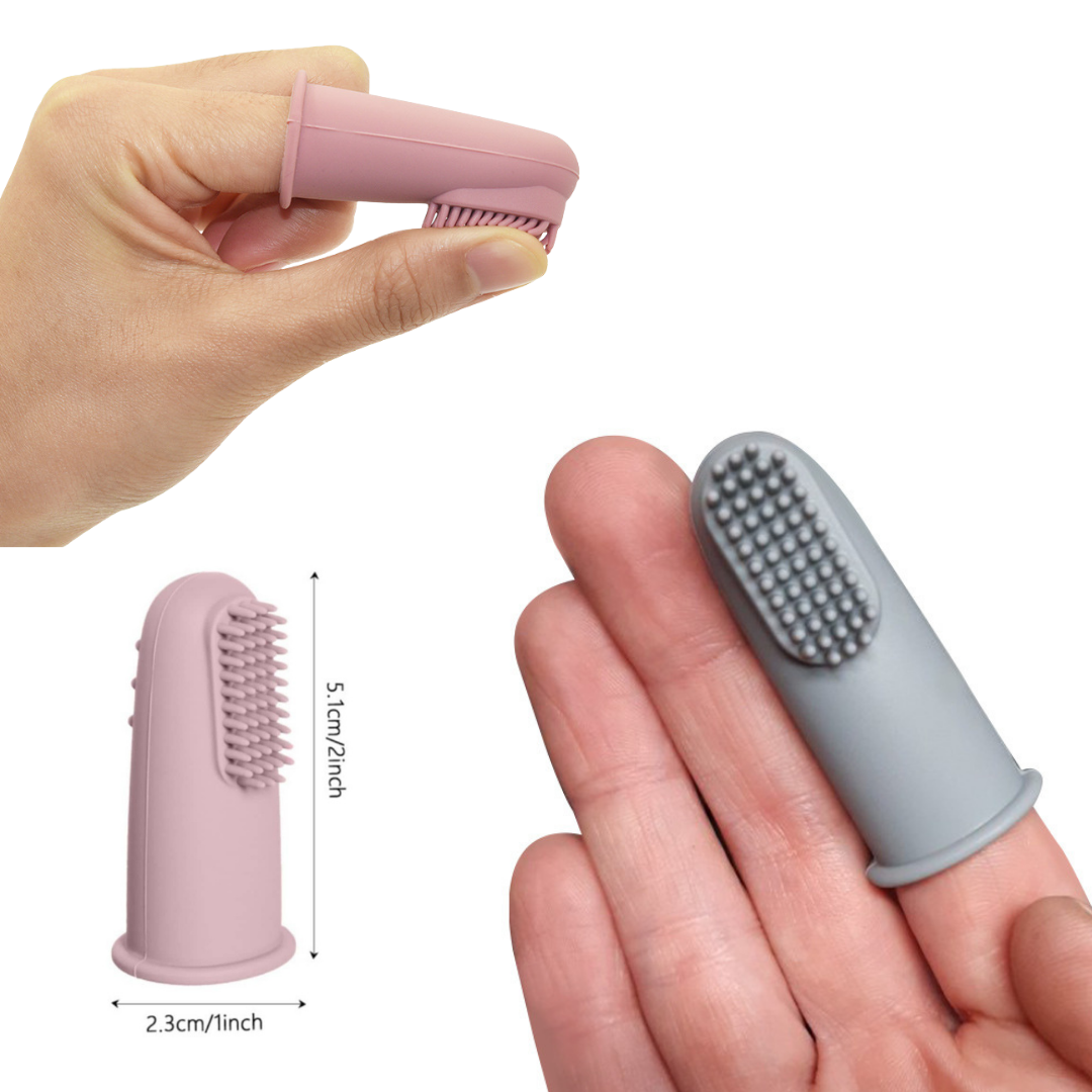 A person holds the Wag & Bright Supply Co. - Puppy Polisher Finger Brush with silicone bristles, featuring a small cylindrical design with bristles on the side. Another hand displays a gray dog toothbrush. The size measurements indicate it's 5.5 cm/2.1 inches long and 2.3 cm/1 inch in diameter, making it ideal for a finger brush fit from Wag & Bright Supply Co., available in one size.