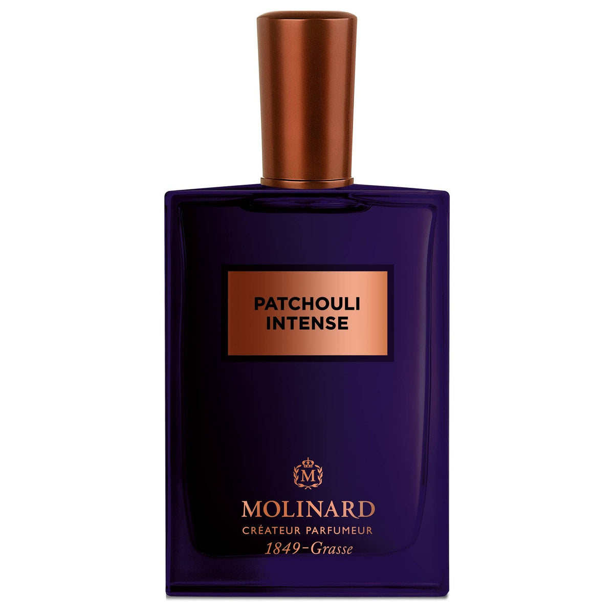 A dark purple rectangular bottle with a copper cap and "PATCHOULI INTENSE" label. Below, "Molinard 1849-Grasse" is inscribed in gold—an alluring Molinard Patchouli Intense Eau de Parfum for true gourmand perfume lovers.