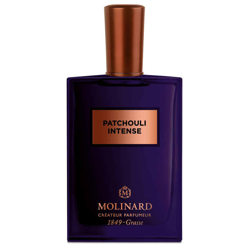 A dark purple rectangular bottle with a copper cap and "PATCHOULI INTENSE" label. Below, "Molinard 1849-Grasse" is inscribed in gold—an alluring Molinard Patchouli Intense Eau de Parfum for true gourmand perfume lovers.