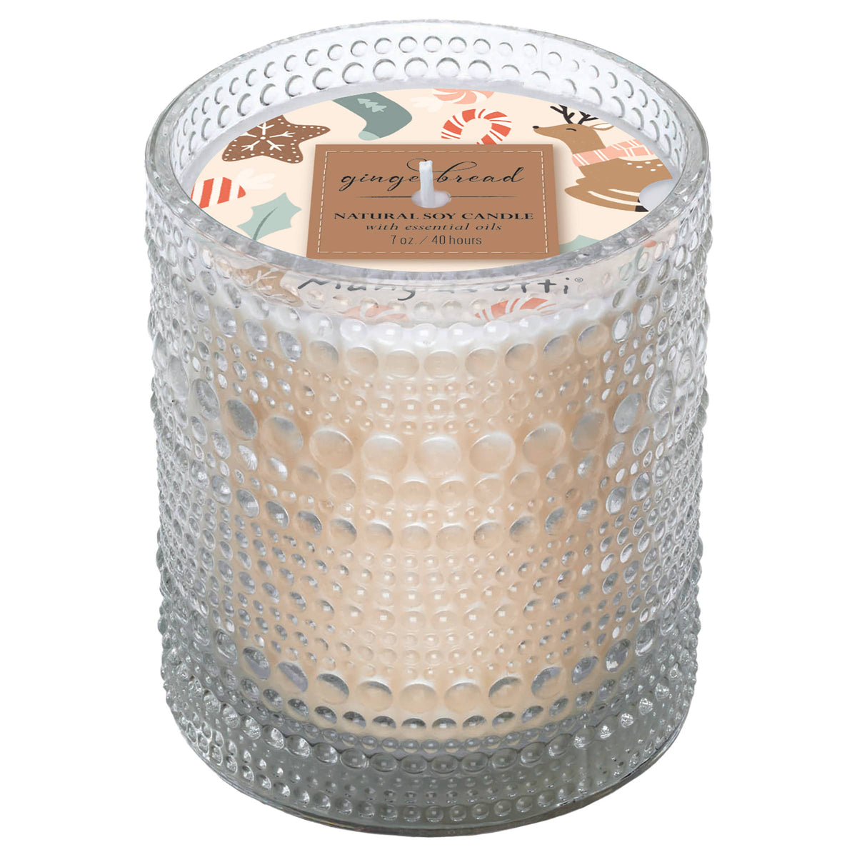 The Boston International Mangiacotti Gingerbread Soy Candle (7 oz) comes in a textured glass jar with a festive gingerbread-themed label—ideal for adding cozy holiday charm to any room.