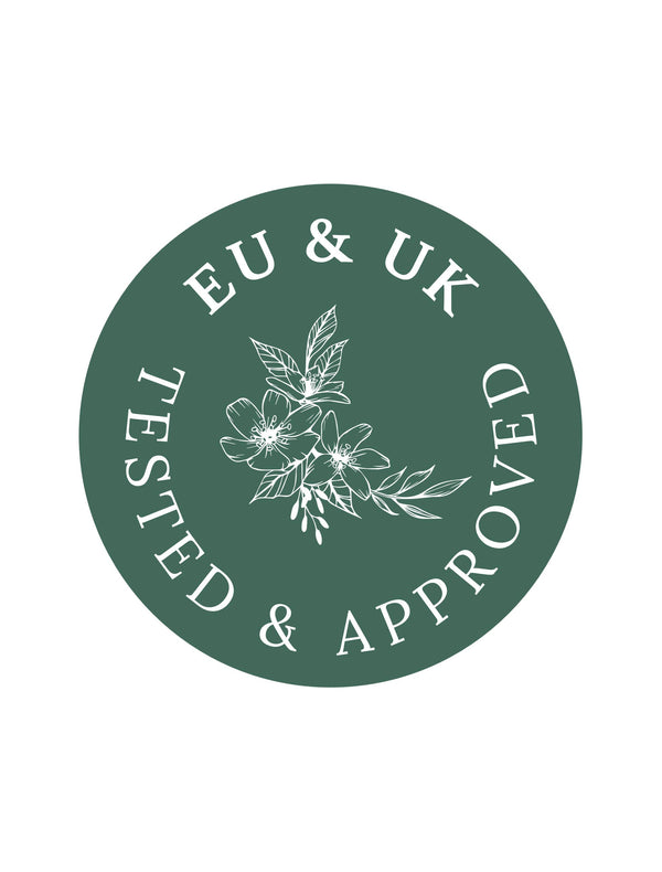 A green circular badge with a white floral design and the text "EU & UK TESTED & APPROVED" in white highlights FRENCH GIRL Organic Hydrating Lavender Body Glow Oil - 2 oz, crafted with organic oils.