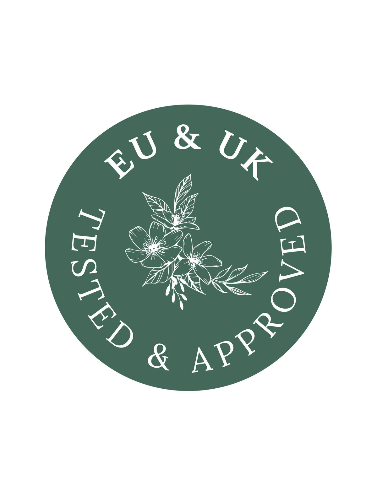 Green circular badge with white botanical design and "EU & UK Tested & Approved" text, showcasing FRENCH GIRL’s clean beauty standards—ideal for FRENCH GIRL Tinted Lip Balm | Veronique.