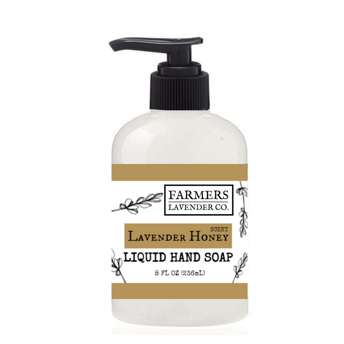 A clear 8 fl oz pump bottle of FARMERS Lavender Co. Lavender Honey Liquid Hand Soap features a brown and white design, black pump dispenser, moisturizing formula, and a soothing lavender honey scent.