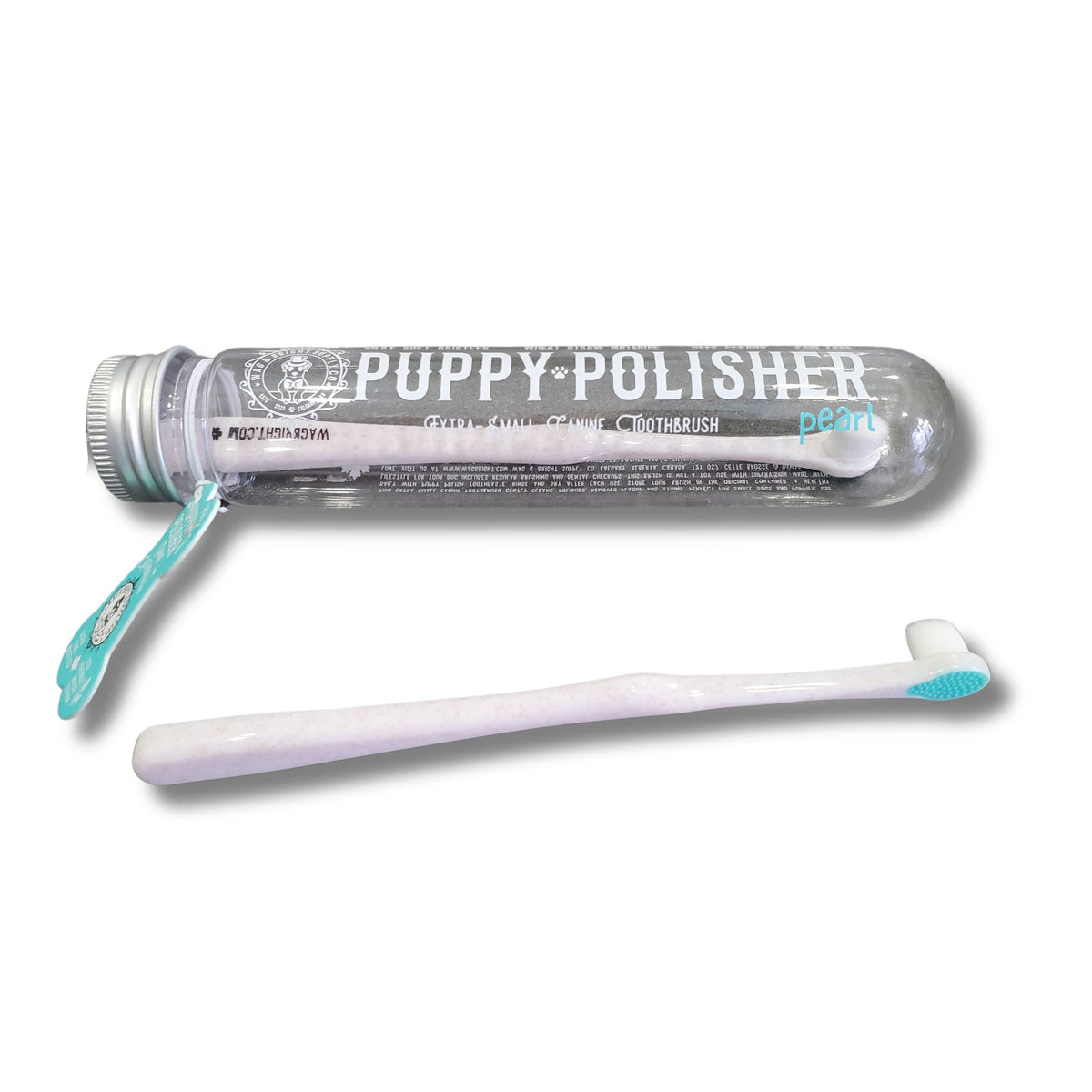 A white, BPA-free toothbrush featuring a teal accent is placed in front of a clear plastic tube labeled "Wag & Bright Supply Co. - Puppy Polisher Pearl Eco Toothbrush - (Extra Small)" adorned with a silver cap and a teal tag. This Wag & Bright Supply Co. product seems ideal for upholding dental health in dogs.