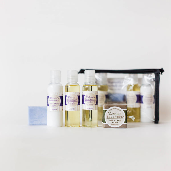 Victoria's Lavender Travel Set features 3 bottles and 2 soaps, all from Victoria's Lavender, displayed on a white background.