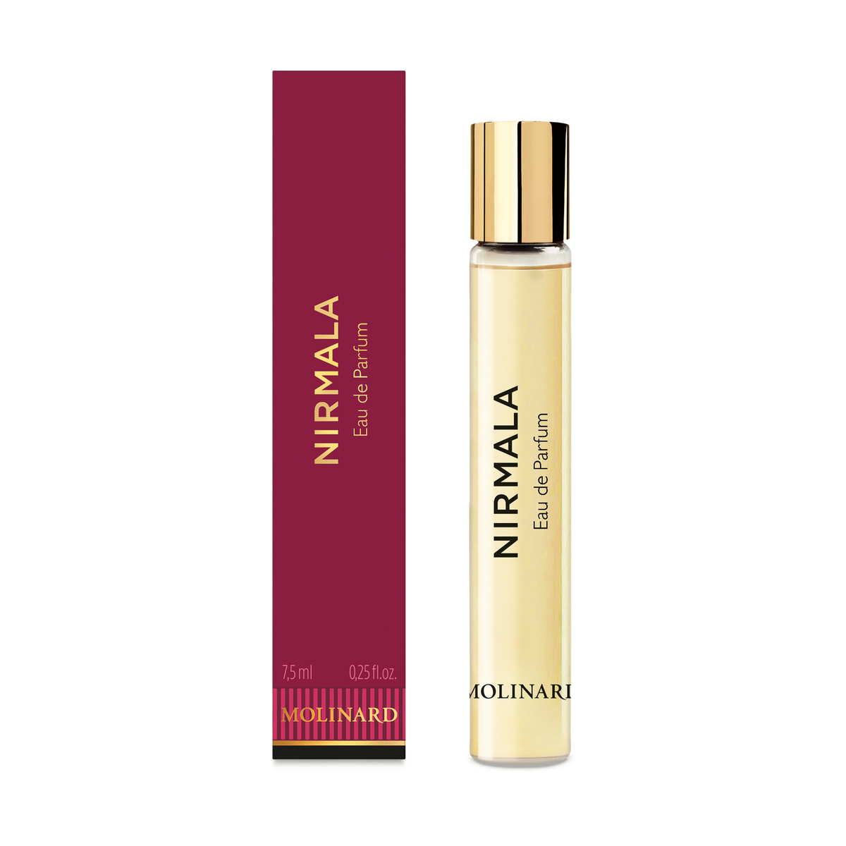 The Molinard Nirmala Eau de Parfum Roll-On, a gourmand floral scent, stands upright with its gold cap beside the matching maroon and gold box.