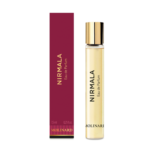 The Molinard Nirmala Eau de Parfum Roll-On, a gourmand floral scent, stands upright with its gold cap beside the matching maroon and gold box.