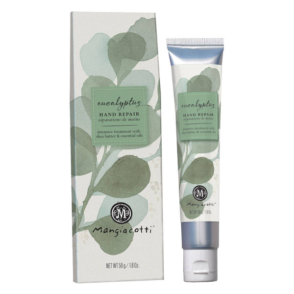 Mangiacotti Eucalyptus Hand Repair 1.8 Oz., enriched with shea butter and essential oils, comes in a green leaf illustrated tube and matching box from Mangiacotti. The tube is shown standing in front of the box.