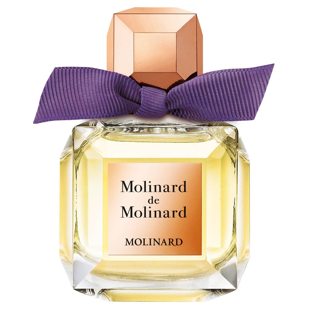 A square glass bottle labeled "Molinard de Molinard" by Molinard features a gold cap, purple bow, and contains pale yellow Eau de Toilette with floral and woody oriental notes.