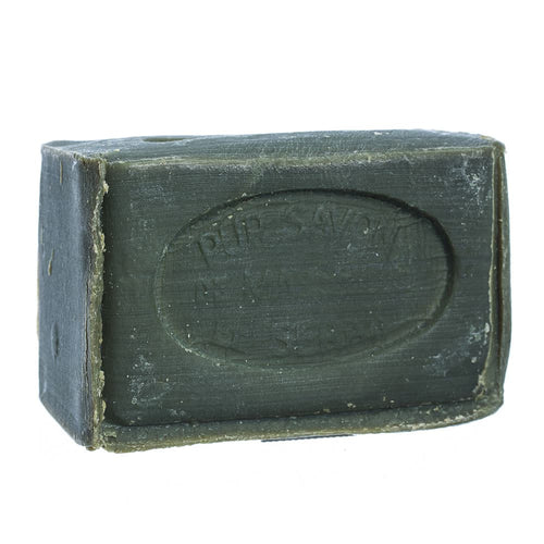 A rectangular 300gm French Soaps Savon de Marseille Olive Oil Soap by FRENCH SOAPS, dark green with an embossed oval design and text, is shown against a white background.