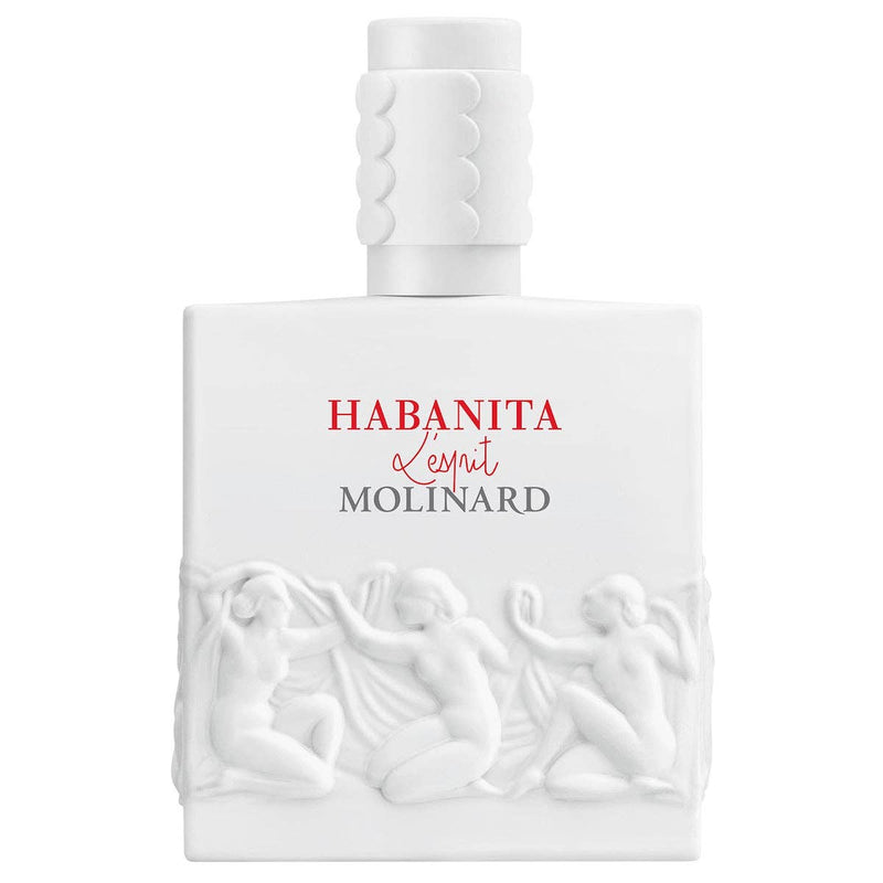 A white Molinard Habanita L'Esprit Eau de Parfum bottle features sculpted classical female figures at the base. The label is in red and gray, reflecting a modern oriental floral musk fragrance by Molinard.
