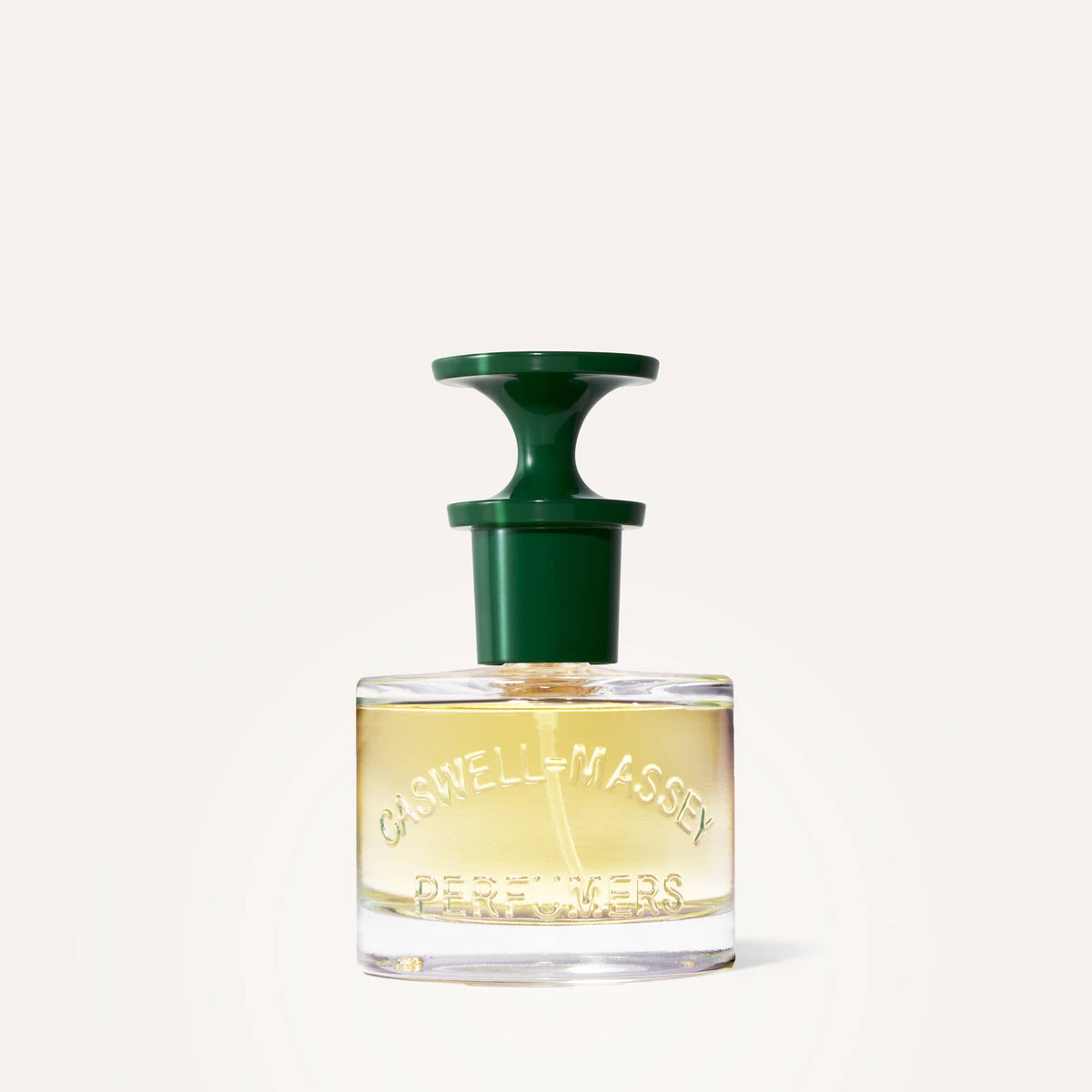 A clear 60mL Caswell-Massey Rose Perfume bottle with embossed details contains light yellow liquid and features a distinctive green nozzle cap, set against a plain light background.