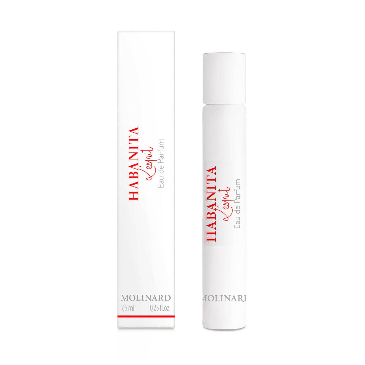 A white cylindrical roll-on labeled "Molinard Habanita L'Esprit Eau de Parfum" stands beside its matching box, both with red and gray accents—an elegant display for this oriental floral musky fragrance by Molinard.