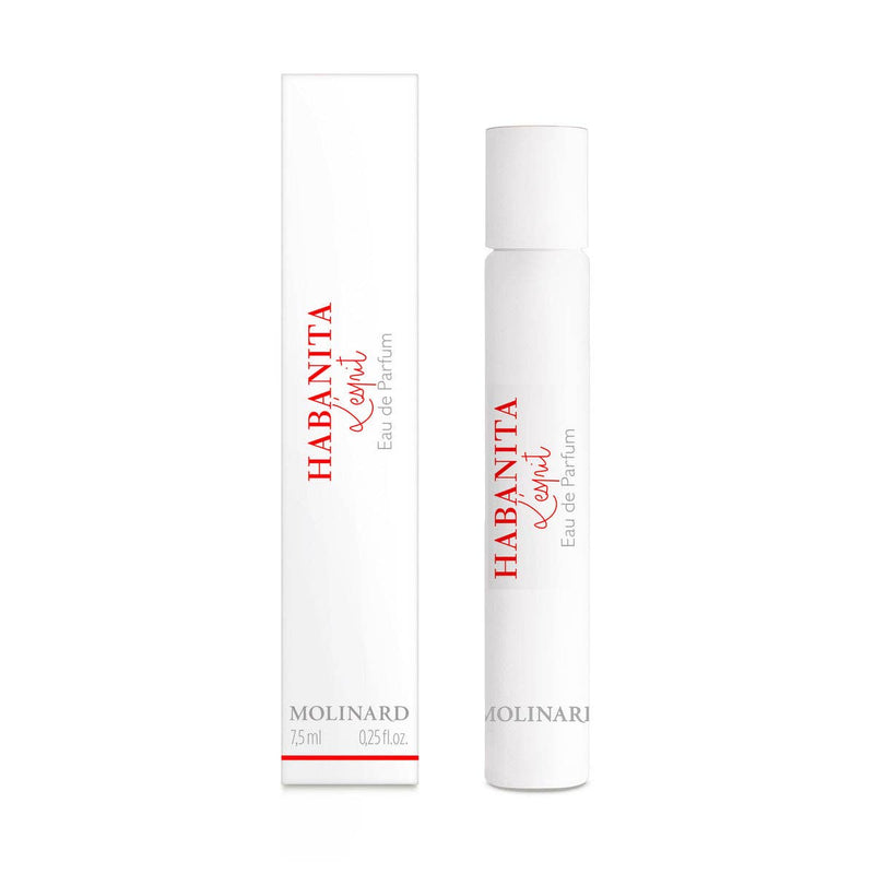 A white cylindrical roll-on labeled "Molinard Habanita L'Esprit Eau de Parfum" stands beside its matching box, both with red and gray accents—an elegant display for this oriental floral musky fragrance by Molinard.
