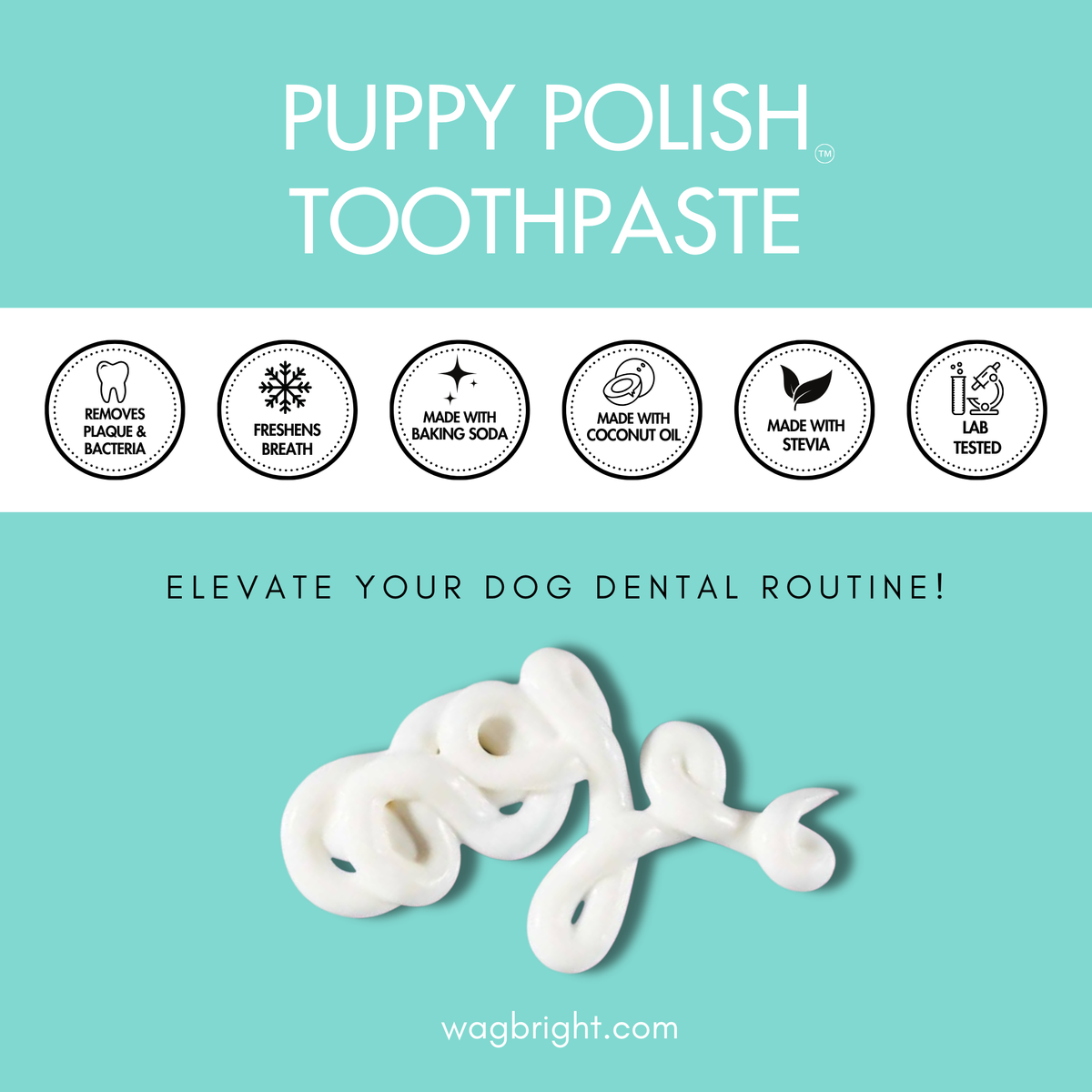 Image of Wag & Bright Supply Co. - Puppy Polish Toothpaste - Filet Mignon (Beef) packaging. It features benefit icons: removes plaque, freshens breath, made with baking soda, coconut oil, stevia, and is lab tested. Text reads: "Elevate your dog's dental routine with this natural oral care solution for canines!" Toothy swirl shown.