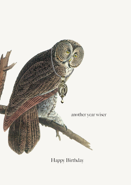 P. Flynn Design / Phun House’s “Another Year Wiser” card features an illustrated owl with a pocket watch necklace and birthday wishes. Made from recycled materials, this sustainable greeting card is perfect for celebrating another year.