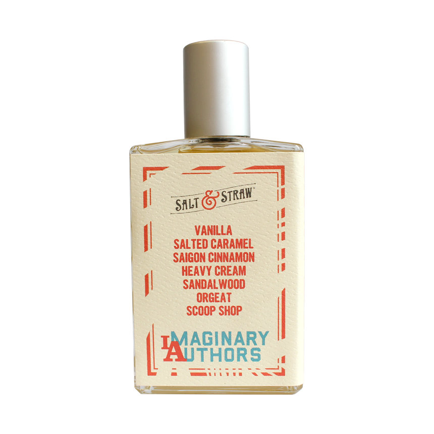 A bottle of Imaginary Authors' A Whiff of Wafflecone - Large Size perfume. The label lists enticing scents like vanilla, salted caramel, Saigon cinnamon, heavy cream, sandalwood, orgeat, and scoop shop. The packaging features a cream background with red and blue text.