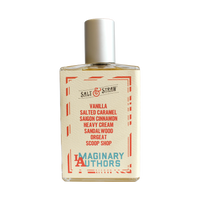 A bottle of Imaginary Authors' A Whiff of Wafflecone - Large Size perfume. The label lists enticing scents like vanilla, salted caramel, Saigon cinnamon, heavy cream, sandalwood, orgeat, and scoop shop. The packaging features a cream background with red and blue text.