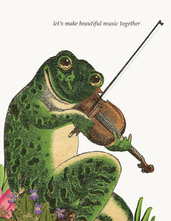A cheerful green frog plays a violin on this eco-friendly "Let's Make Beautiful Music" greeting card by P. Flynn Design / Phun House, with flowers and leaves decorating the corner.