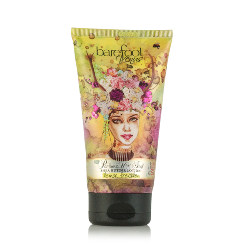 The Barefoot Venus Lemon Freckle Shea Butter Lotion provides a refreshing lemon fragrance and comes in packaging adorned with a vibrant, artistic illustration of a woman surrounded by flowers and antlers, capturing the essence of hydration.