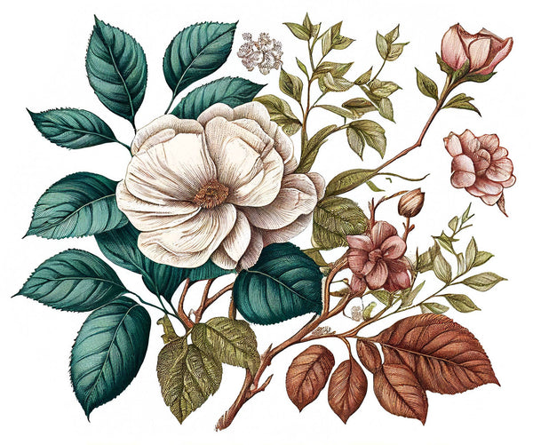 Delicate white and pink roses with green and brown leaves in a vintage botanical style on white—an inspiring motif for the FRENCH GIRL Eau Du Maroc Organic Vegan Natural Aromatherapy Perfume by FRENCH GIRL.