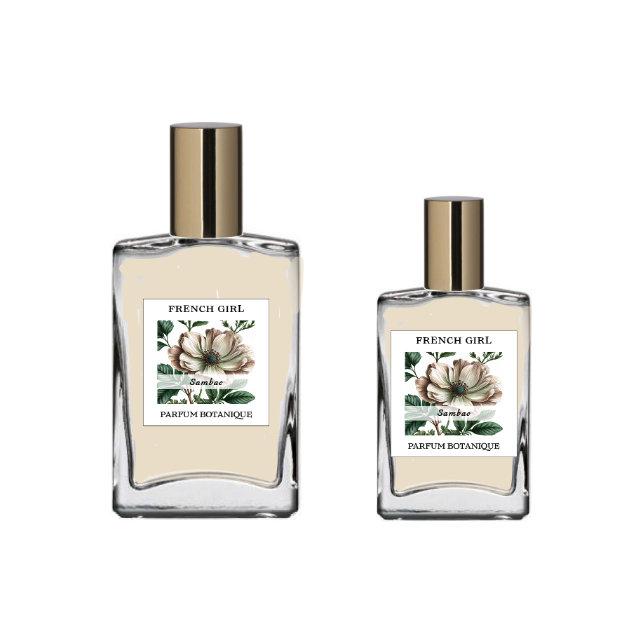 Two clear oil-based FRENCH GIRL Sambac Organic Vegan Jasmine Natural Aromatherapy Perfume bottles with gold caps, floral designs, and "Jasmin" labels appear in different sizes against a crisp white background.