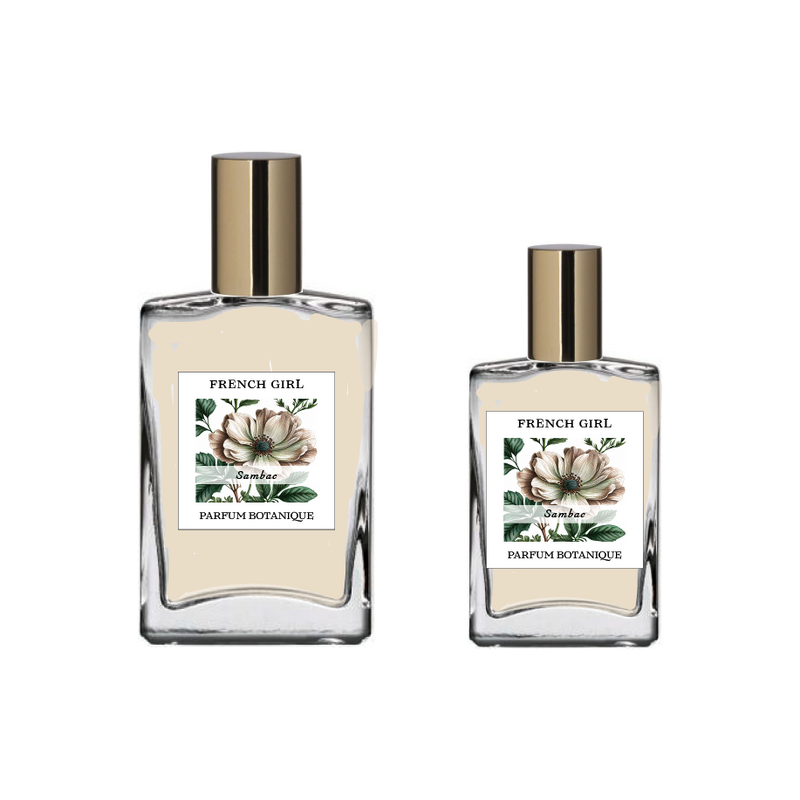 Two clear oil-based FRENCH GIRL Sambac Organic Vegan Jasmine Natural Aromatherapy Perfume bottles with gold caps, floral designs, and "Jasmin" labels appear in different sizes against a crisp white background.