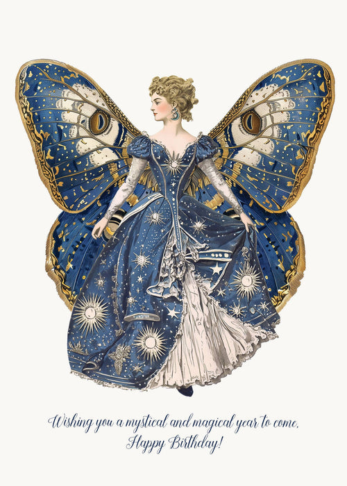 A woman in a starry blue gown with celestial patterns and ornate butterfly wings stands above the text: "Wishing you a mystical and magical year to come, Happy Birthday!"—the perfect birthday card from P. Flynn Design / Phun House.