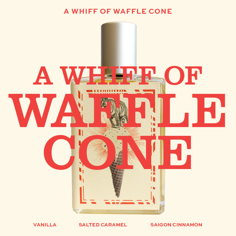 A perfume bottle from Imaginary Authors, labeled "A Whiff of Wafflecone - Large Size," is centered against a cream background with red text. The bottle features an illustration of an ice cream cone. The text at the bottom reads "Vanilla," "Salted Caramel," and "Saigon Cinnamon.